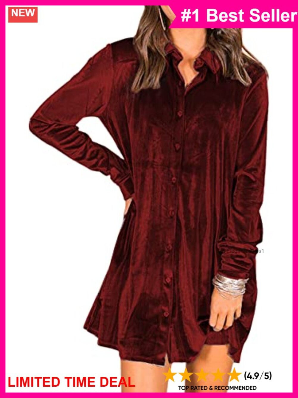 Velvet Button Down Tunic Mini Dress Long Sleeve Swing Top